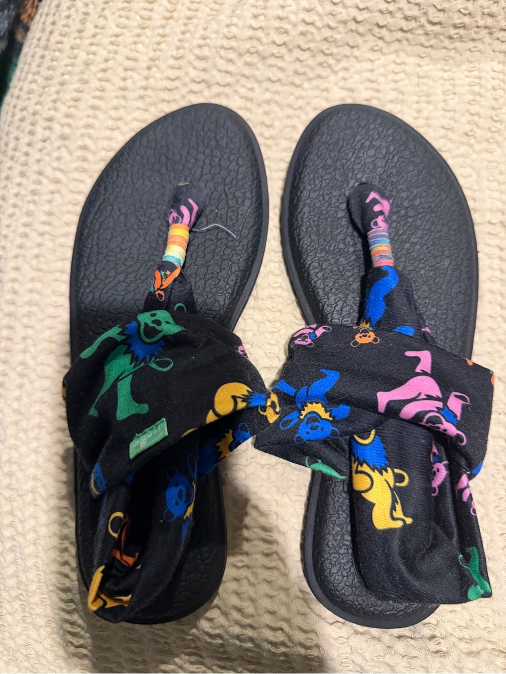 Sanuk Black Slide Sandals with Multi-Color Bear Print